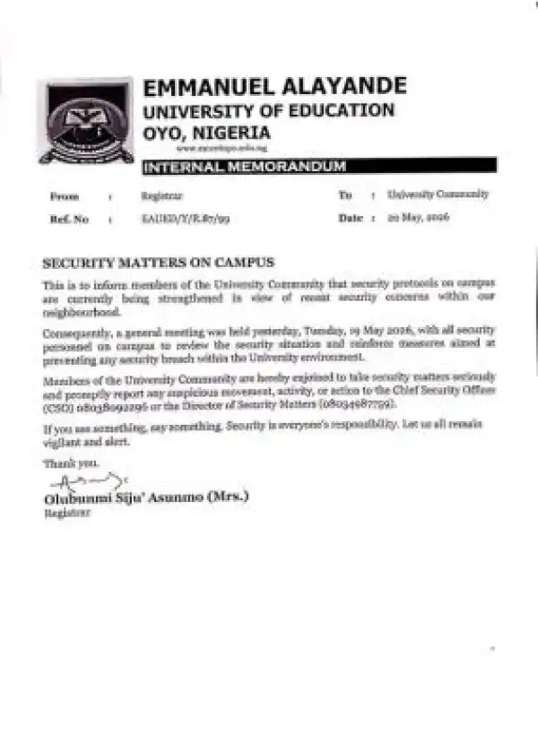 Emmanuel Alayande University of Education issues security notice