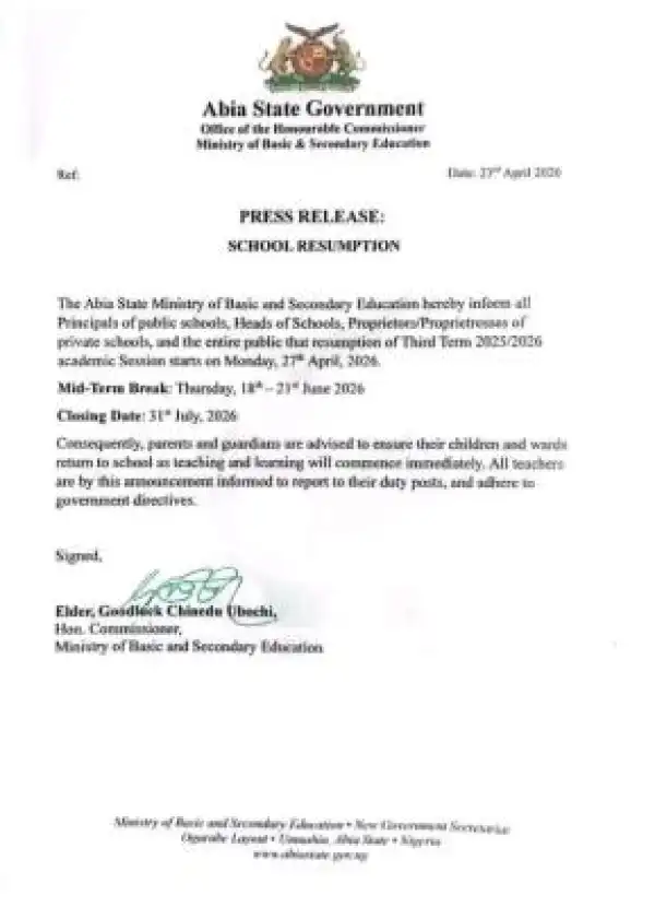 Abia State Ministry of Education announces Resumption Date for 3rd term 2025/2026 Session
