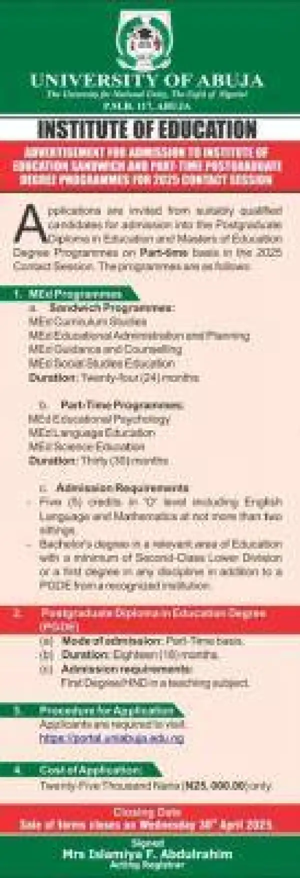 UNIABUJA postgraduate Sandwich admission form for 2025 contact session (Deadline extended)