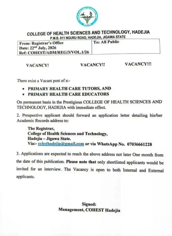 College of Health Sciences and Tech, Hadejia vacancies for Primary Health Care Tutors and Educators