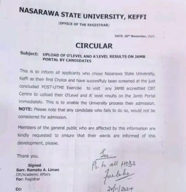 NSUK notice on uploading of O