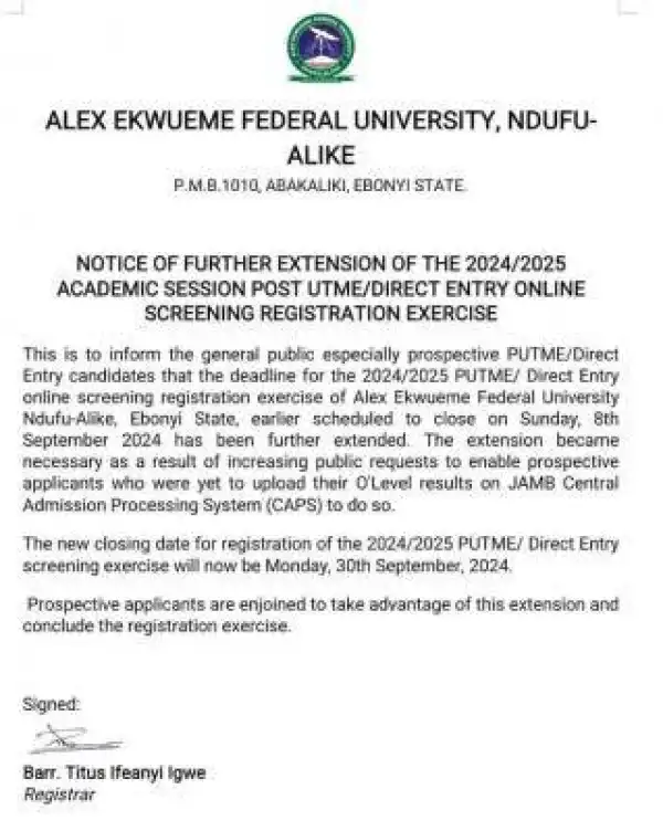 FUNAI extends Post UTME/DE registration deadline, 2024/2025
