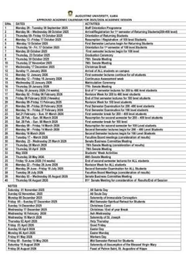 Augustine University approved academic calendar, 2025/2026