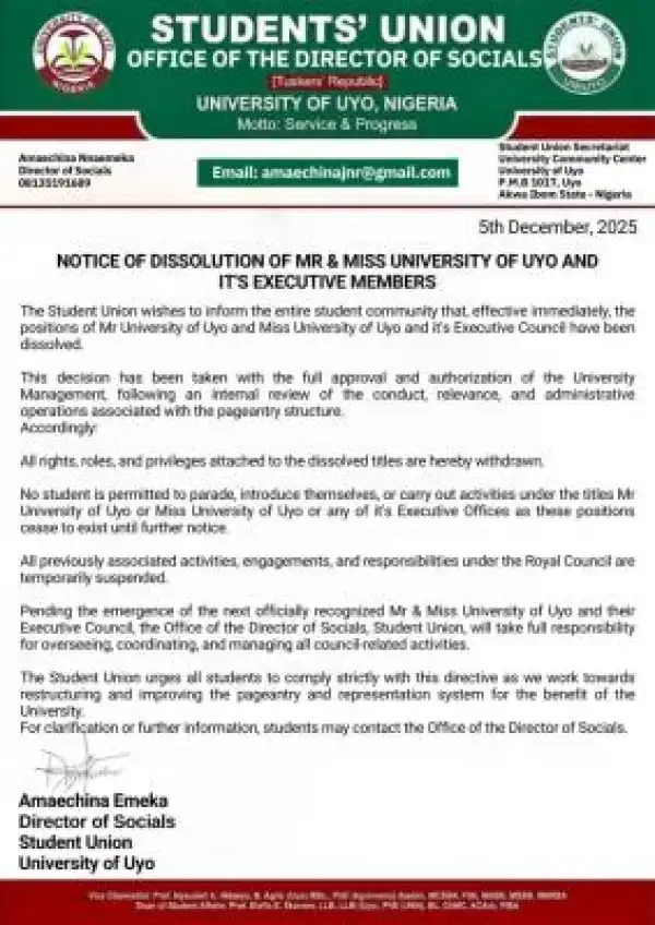 UNIUYO SUG announces dissolution of Mr. and Miss UNIUYO pageantry