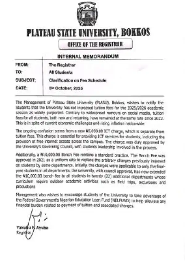 PLASU denies tuition fee increase for 2025/26 session