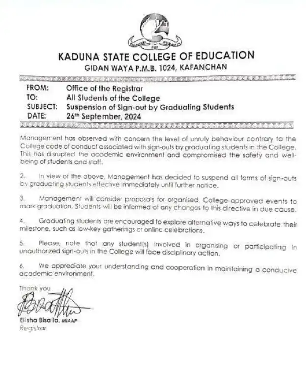 KSCOE notice on suspension of sign-out celebration by graduating students