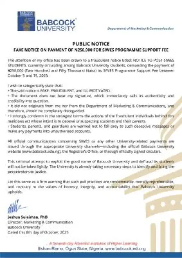 Babcock University disclaimer notice on SIWES programme support fee