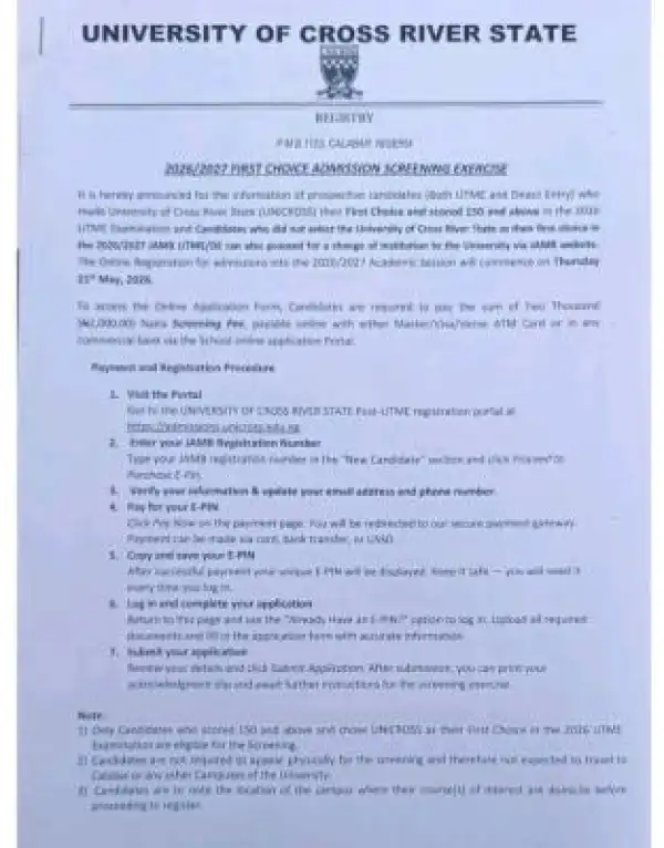 CRUTECH Post-UTME/DE 2026: Cut-off mark, Eligibility and Registration Details