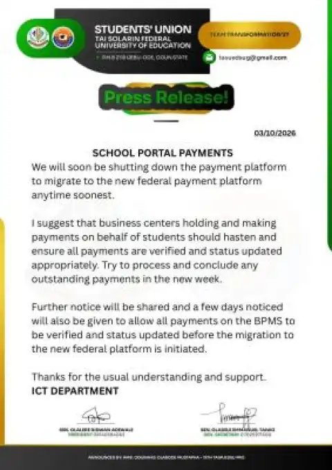 TASFUED SUG notice on school portal payments