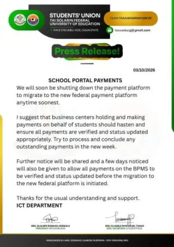TASFUED SUG notice on school portal payments