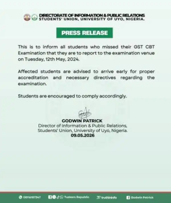 UNIUYO notice to students that missed their GST CBT Examination
