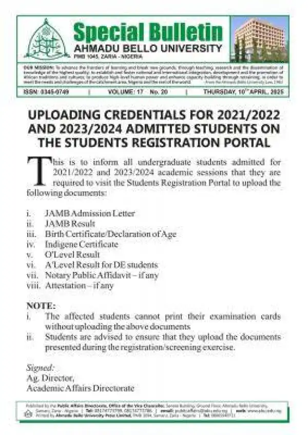 ABU Zaria uploading of credentials for admitted students, 2021/2022 & 2023/2024