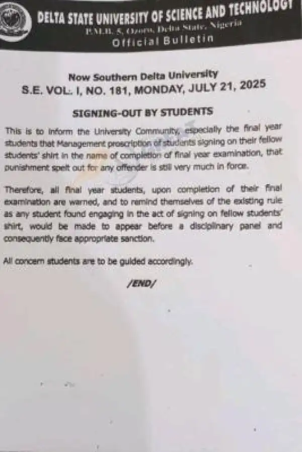DSUST notice on signing-out by final year students