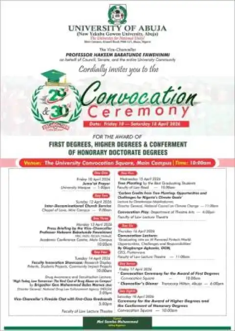 UNIABUJA schedule of events for 29th and 30th Combined Convocation Ceremony