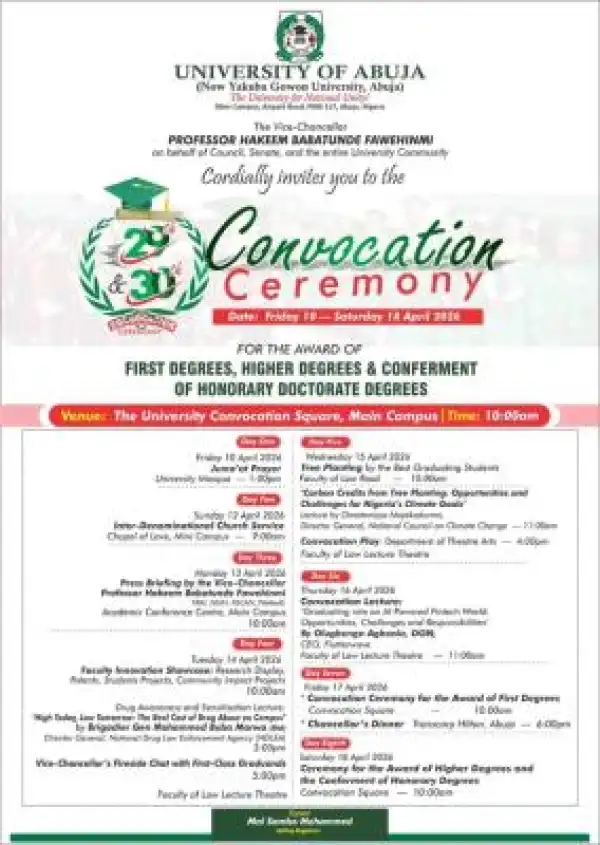 UNIABUJA schedule of events for 29th and 30th Combined Convocation Ceremony