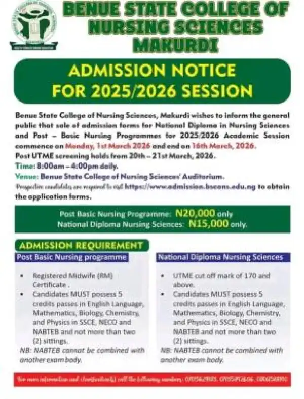 Benue State College of Nursing Sciences, Makurdi Announces Admission, 2025/2026