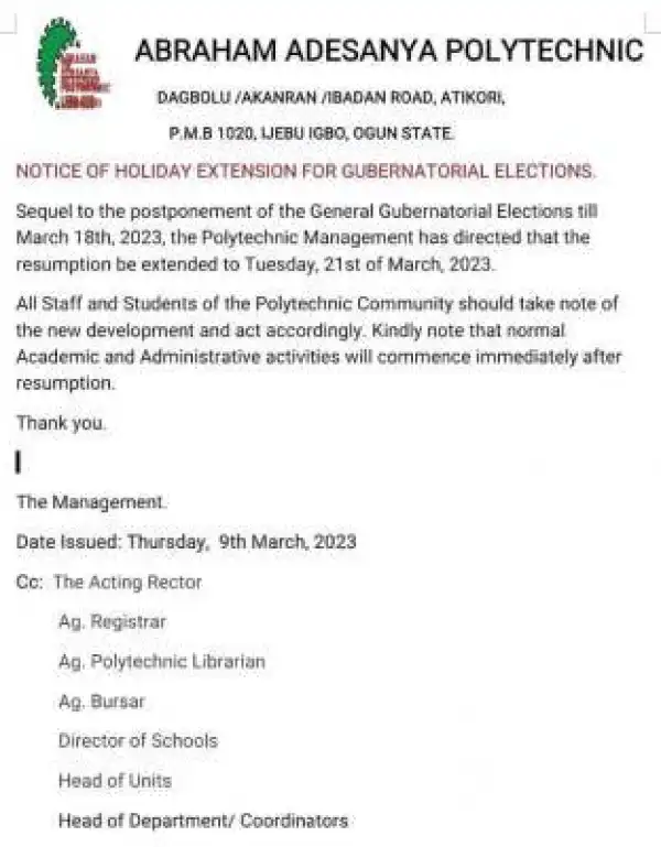 Abraham Adesanya Poly notice of holiday extension for upcoming election