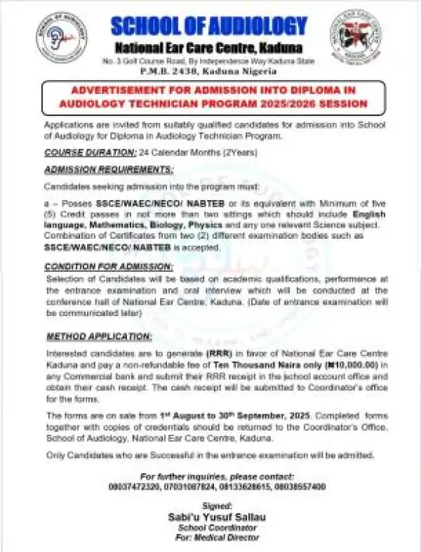 National Ear Care Centre, Kaduna admission into School of Audiology Technician, 2025/2026