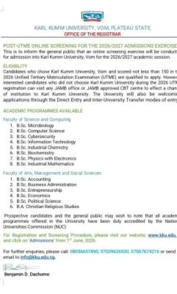Karl Kumm University, Vom Post-UTME/DE 2026: Cut-off mark, Eligibility and Registration Details