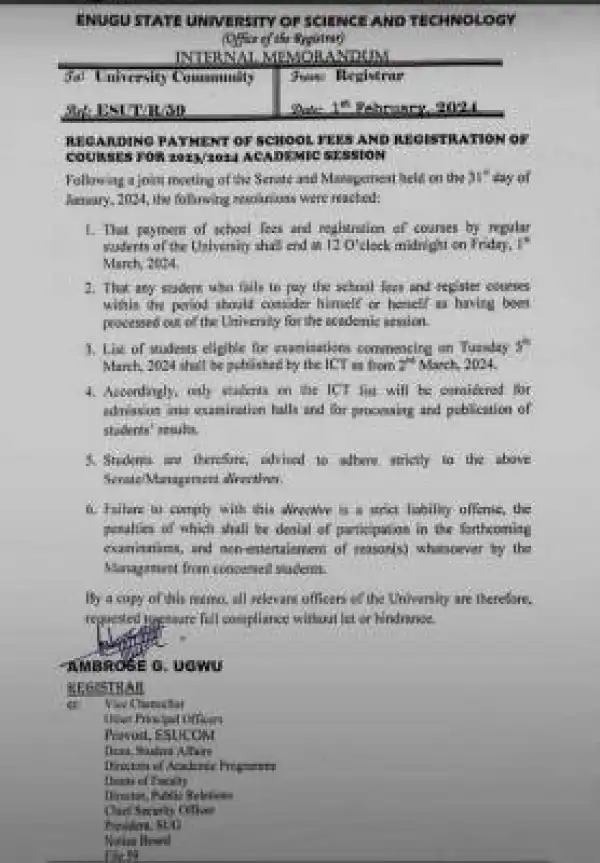 ESUT notice regarding payment of school fees