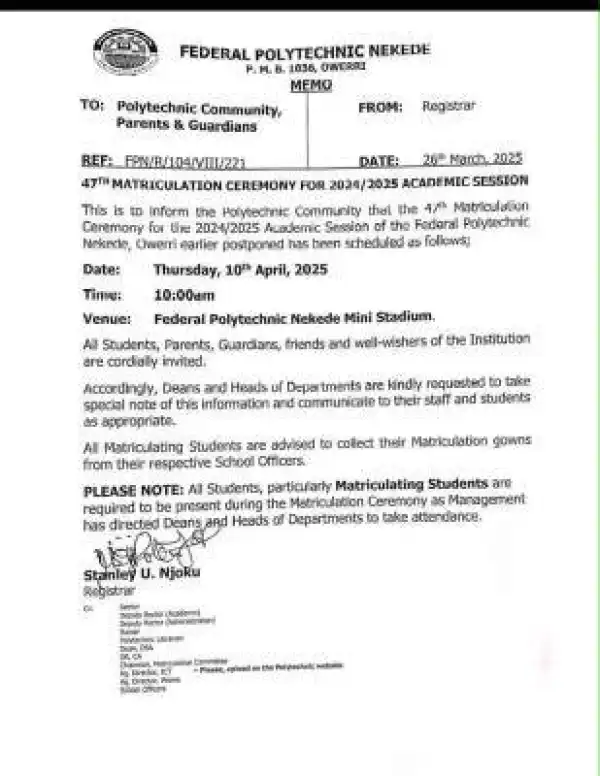 Fed Poly Nekede announces 47th Matriculation Ceremony