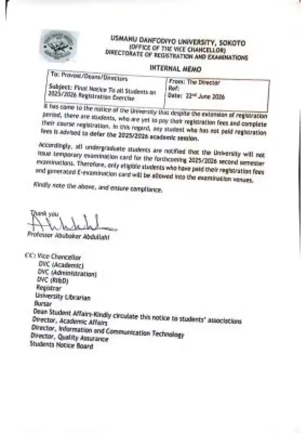 UDUS issues final notice on 2025/2026 registration exercise