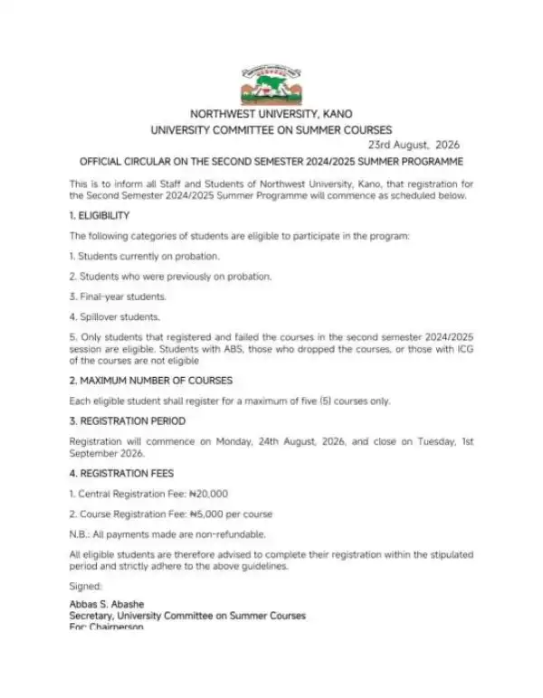 Northwest University Registration for Second Semester Summer Programme, 2024/2025