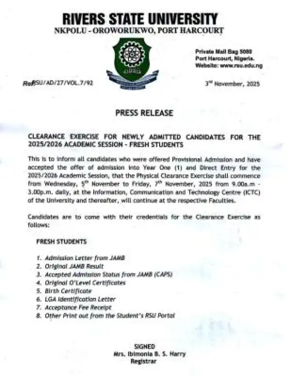 RSUST announces clearance exercise for new students, 2025/2026