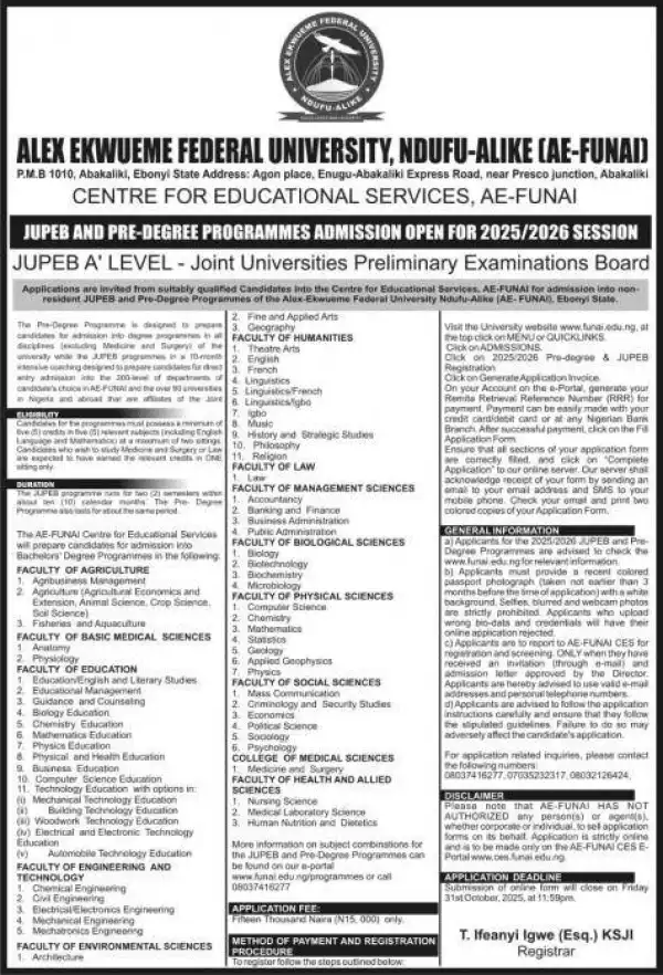 FUNAI JUPEB/Pre-degree admission form, 2025/2026