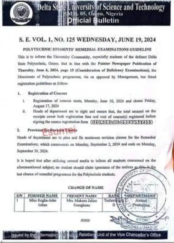 Delta State University, Ozoro notice on remedial examination guidelines