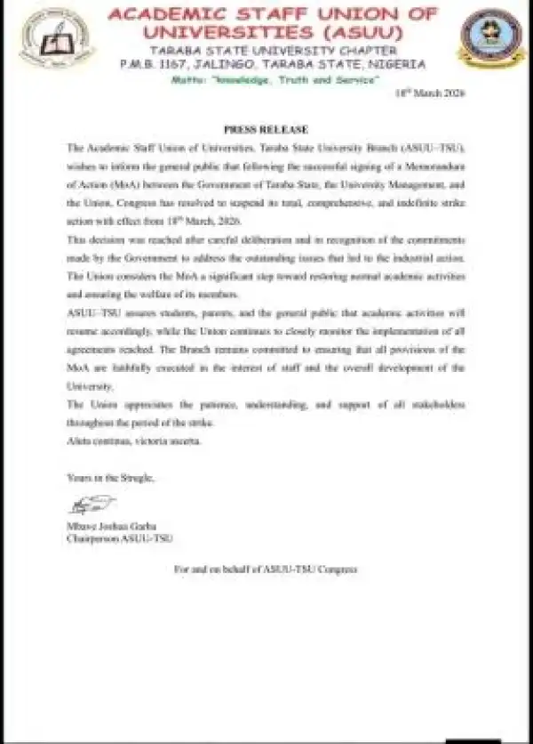 Taraba State University ASUU suspends indefinite strike