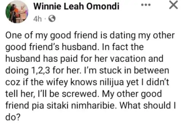 Woman Conflicted About Telling One Of Her Friends That Her Other Friend Is Dating Her Husband