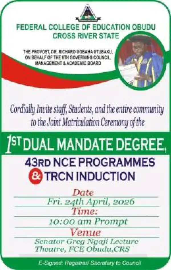 FCE Obudu joint matriculation ceremony and TRCN Induction Ceremony