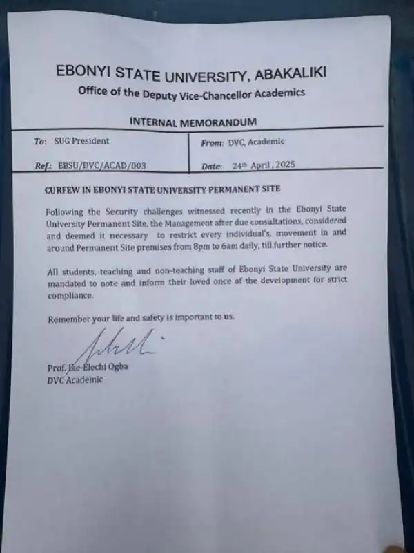 EBSU imposes curfew following security challenges
