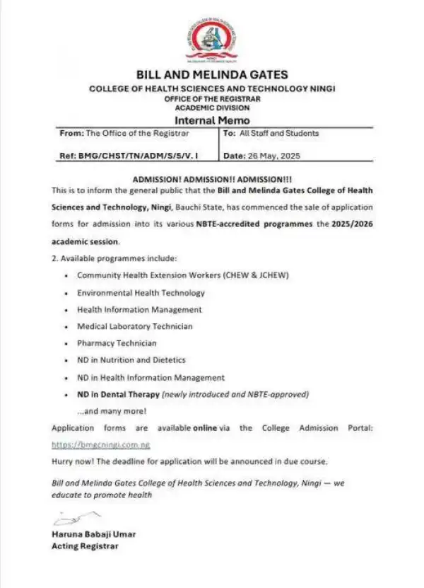 Bill & Melinda Gates College of Health Ningi Admission Form, 2025/2026