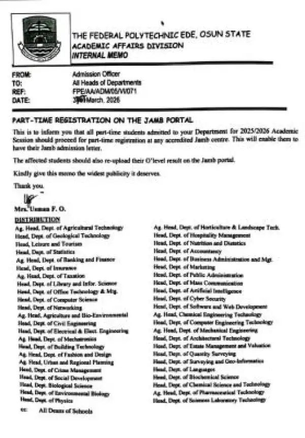 Fed Poly Ede issues directive on part-time students registration
