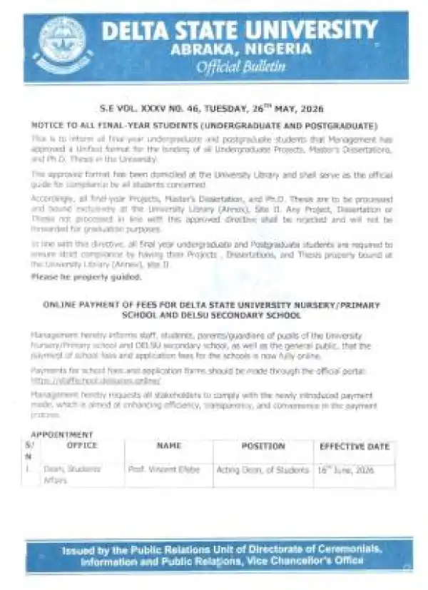 DELSU notice to Final Year Undergraduate, Postgraduate Students