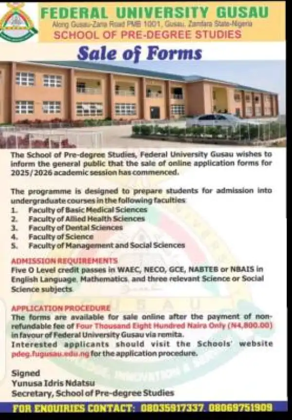 FUGUSAU releases Pre-Degree admission form, 2025/2026