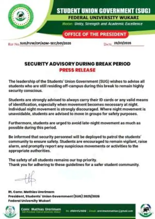 FUWukari security advisory to students