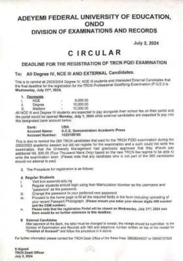 ACEONDO deadline for TRCN PQEI exam registration for degree, NCE & external candidates