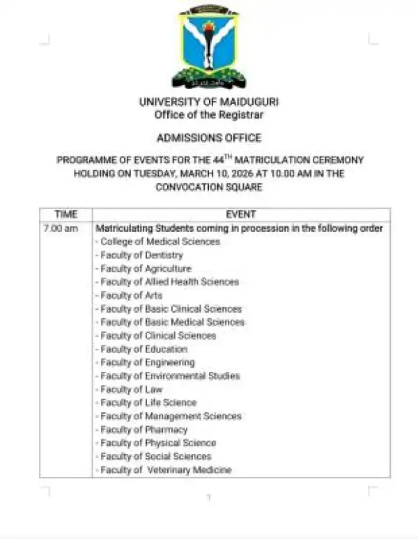 UNIMAID programme of events for 44th Matriculation Ceremony