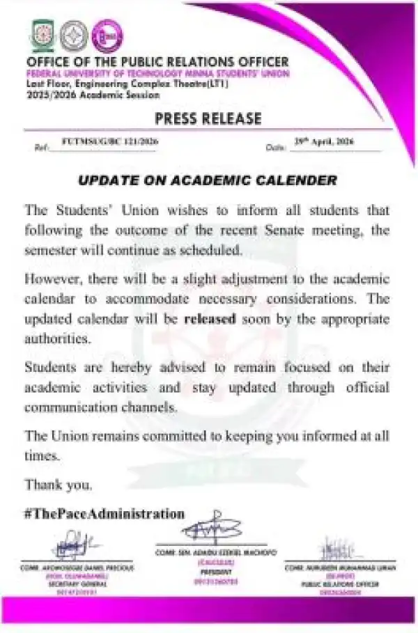 FUTMinna Students’ Union Announces Minor Adjustment to Academic Calendar