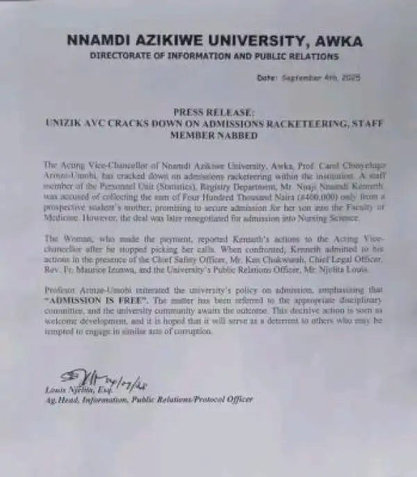 UNIZIK Acting Vice-Chancellor cracks down on 