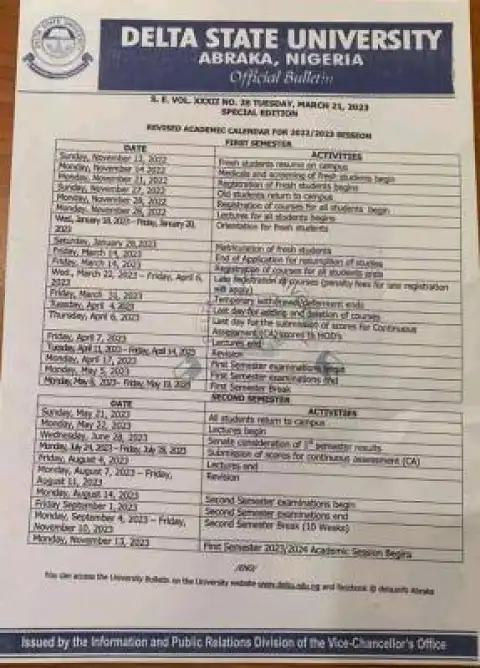 DELSU revised academic calendar, 2022/2023