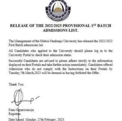 OOU 1st batch admission list now on school portal's, 2022/2023