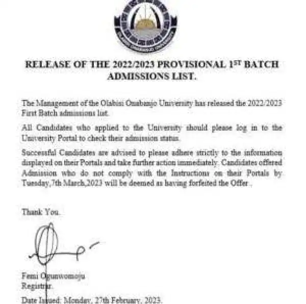 OOU 1st batch admission list now on school portal