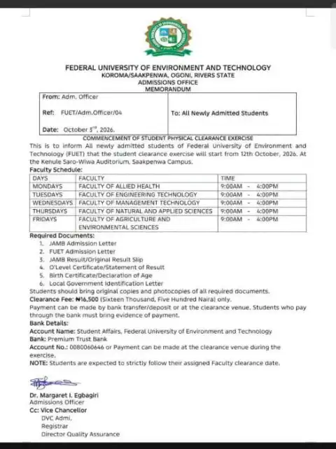FUET announces commencement of student physical clearance exercise