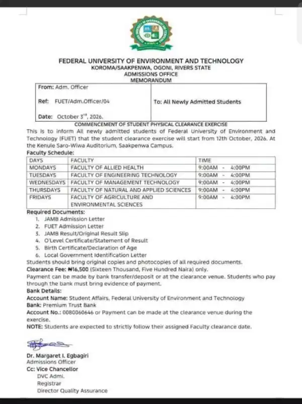 FUET announces commencement of student physical clearance exercise