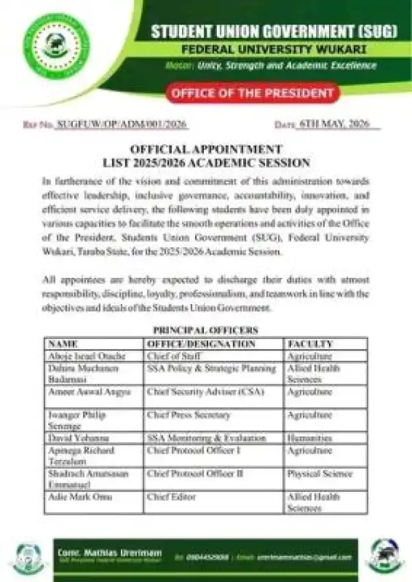 FUWUKARI SUG announces new appointments, 2025/2026
