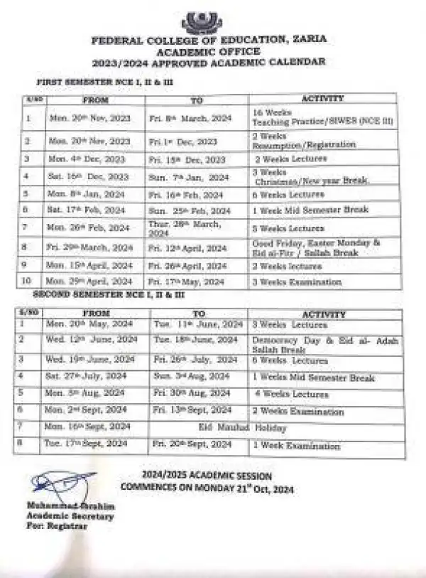 Federal College Of Education Zaria NCE academic calendar, 2023/2024